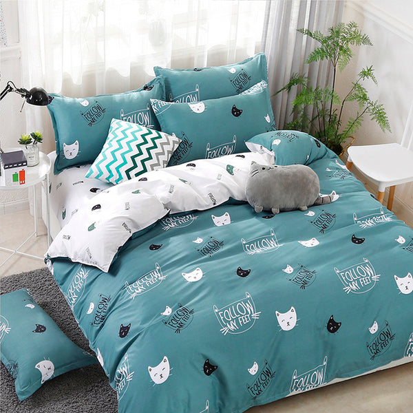 Cyan Cute Cat Duvet Cover and Pillow Case Set